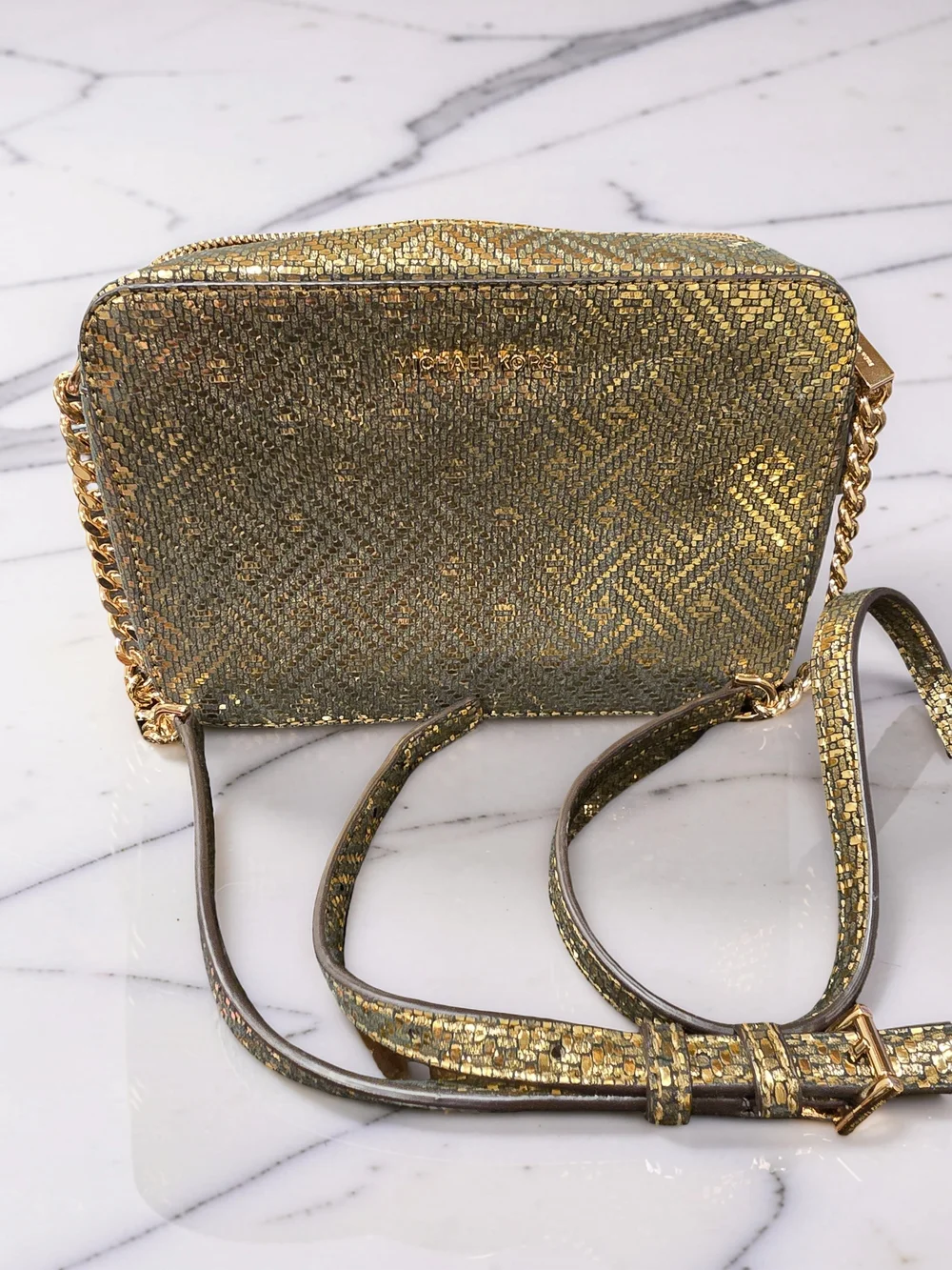 Michael Kors Ginny Camera Bag Metallic Gold Woven Crossbody